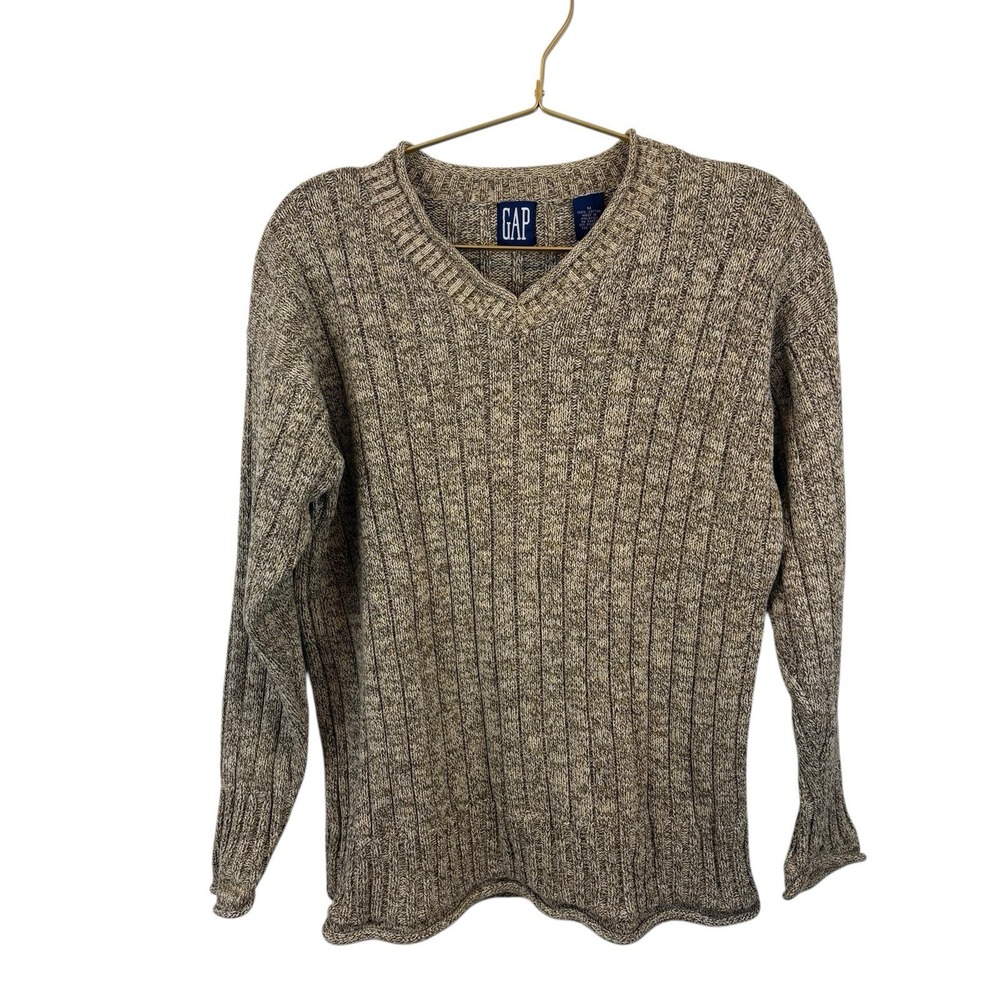 VIntage‎ 90's Gap Tan Rolled Edges 100% Cotton V Neck Sweater Size M